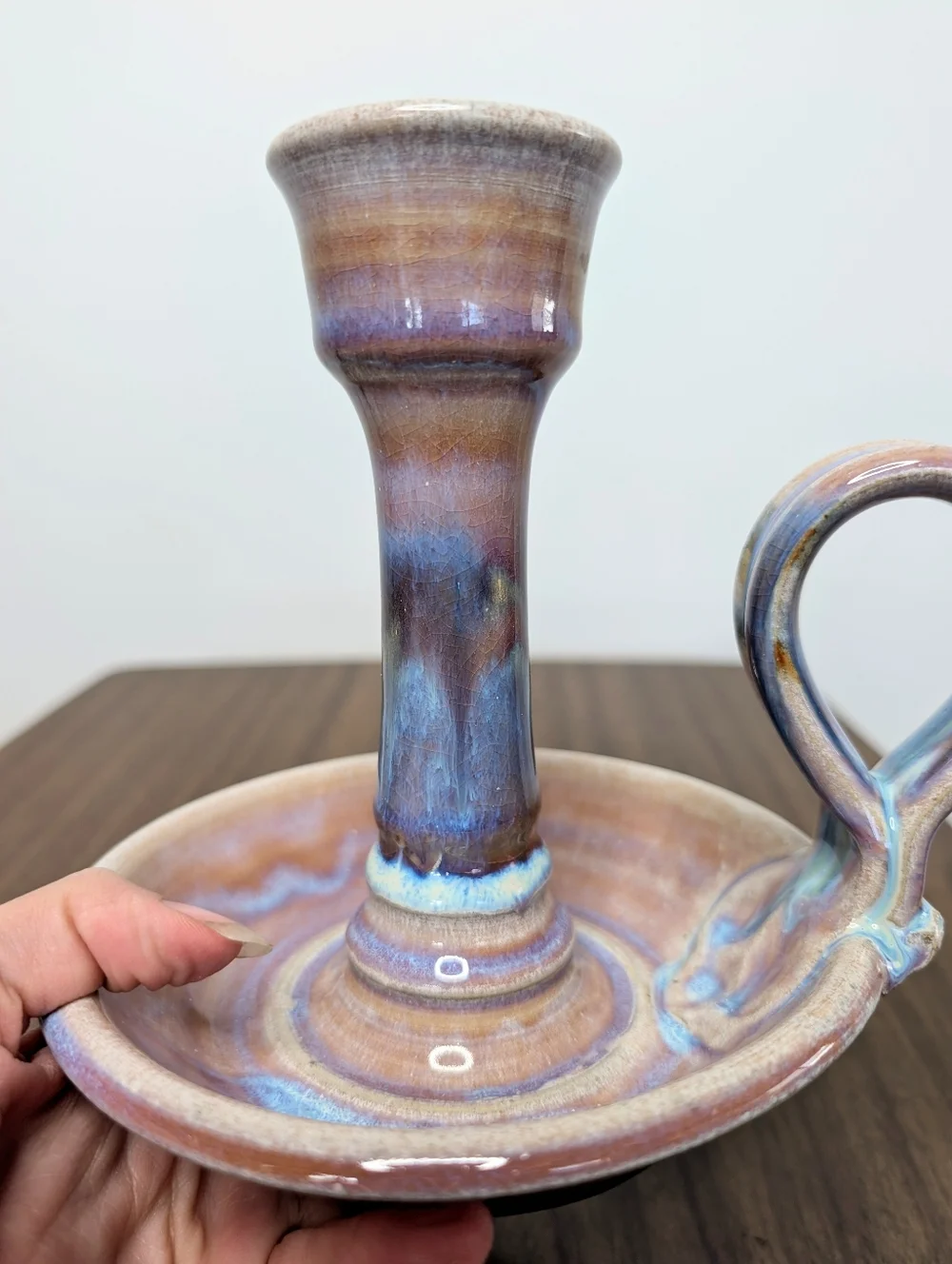 Light Purple, Blue, Tan Handmade Studio Pottery Ceramic Chamber Candle Holder